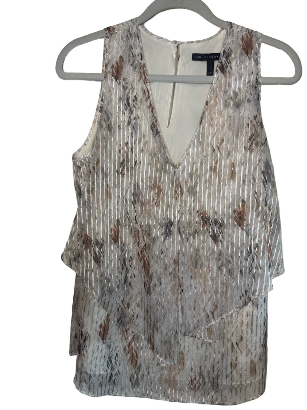 White House Black Market Tiered Metallic Print V-Neck Sleeveless Top Size Medium